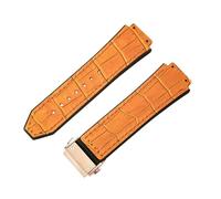 ROUREOX Leather Rubber Watch Band Metal Folding Buckle Replacement Bracelet with Bamboo Pattern for HUBLOT Big Bang-Yellow + Rose Gold