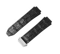 ROUREOX Leather Rubber Watch Band Metal Folding Buckle Replacement Bracelet with Bamboo Pattern for HUBLOT Big Bang-Black + Silver