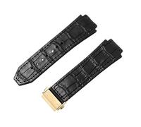 ROUREOX Leather Rubber Watch Band Metal Folding Buckle Replacement Bracelet with Bamboo Pattern for HUBLOT Big Bang-Black + Gold