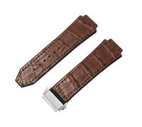 ROUREOX Leather Rubber Watch Band Metal Folding Buckle Replacement Bracelet with Bamboo Pattern for HUBLOT Big Bang-Brown + Silver