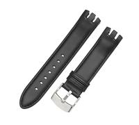 ROUREOX Leather Watch Band Stainless Steel Buckle Double-Notched Replacement Watch Strap 20mm for Swatch YTS401 402 409 713 YTB400-Black + Silver A