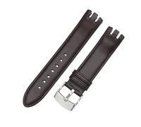ROUREOX Leather Watch Band Stainless Steel Buckle Double-Notched Replacement Watch Strap 20mm for Swatch YTS401 402 409 713 YTB400-Brown + Silver A