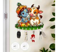 Rousrie Baby Krishna Key Holder, Brown Wooden, 8 Hooks, No-Drill Home Office Wall Mount Storage, Modern Style Decorative Design