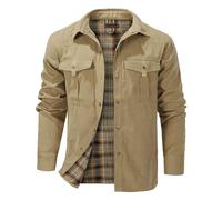 Rousytn - Men's Western Cowboy Style Snap Button Shirt with Flannel Lining, Lightweight, Snap Buttons, Jacket, Khaki, M