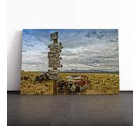 Route 66 Road Sign and Rusted Car Canvas Print | Gallery Wrapped 30mm Frame Wall Art | 20x14 inches | Ready to Hang | Contemporary Vehicles Picture | Living Room Bedroom Lounge Office