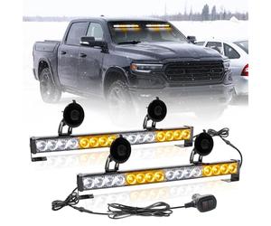 ROUTEKING 2x16.8 inch Emergency Flashing LED Traffic Advisor Strobe Light Bar 32LED 23 Flash Patterns Interior Safety Warning Beacon 2 in 1 Windshield Lights with 6 Suction Cup (Amber/White)