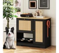 Rovibek Dog Food Storage Cabinet with 2 Raised Dog Bowls, Pet Food Cabinet Feeding Station with Tilt Out Storage Cabinets, Pet Feeding Station for 2 Dogs, Black