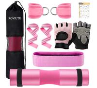 Roviutu Barbell Pad Set for Squat,Hip Thrusts, Leg Day,Olympic Bar Pad with 2 Gym Ankle Safety Straps, 2 Workout Gloves, Resistance Band, Carry Bag, Gym Accessories for Women (Pink Large Gloves
