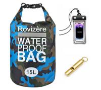 Rovizère 15L Waterproof Dry Bag with Phone Pouch & Emergency Whistle - Roll Top with Reflective Strip, Lightweight Heavy Duty for Kayaking Camping, Camouflage Blue Backpack with Shoulder Strap