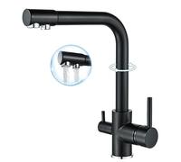 ROVOGO 3 in 1 Black Kitchen Sink Mixer Tap with Drinking Filtered Water Outlet, Twin Lever Swivel Spout Monobloc Tap with 3 Hoses, High Arc Faucet