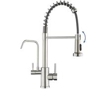 ROVOGO 3 Way Spring Kitchen Mixer Tap with Water Filter & Pull Out Spray, 360° Swivel Monobloc Sink Tap with 2 Spray Modes, High Arc Dual Lever Kitchen Faucet, Brushed Stainless Steel 304