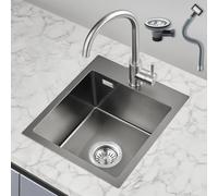 ROVOGO 40 x 34 cm Black Small Kitchen Sink with Basket Strainer Waste and Overflow Kit, Stainless Steel Sink Kitchen with 3.5 cm Tap Hole, Single Bowl