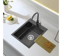 ROVOGO 500 x 400 mm Black Kitchen Sink with Basket Strainer Waste and Overflow Kit, Small Stainless Steel Kitchen Sink with 35 mm Tap Hole, Single Bowl Rectangular