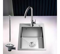 ROVOGO 500x350mm 304 Stainless Steel Brushed Single Bowl Kitchen Sink with Basket Strainer Waste & Overflow Kit, Small Compact Sink Kitchen with 35mm Tap Hole & 28mm Soap Dispenser Hole