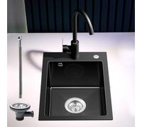 ROVOGO 500x350mm Black Single Bowl Kitchen Sink with Basket Strainer Waste & Overflow Kit, Small Compact Stainless Steel Sink Kitchen with 35mm Tap Hole & 28mm Soap Dispenser Hole