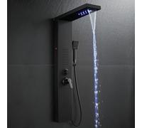 ROVOGO All Black LED Shower Panel Tower System Wall Mounted Stainless Steel | 5-function Column Shower, Waterfall & Rainfall Shower Head, Massage Jets, ABS Hand Shower, Waterfall Bath Spout for Bathroom