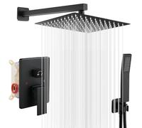 ROVOGO Black Shower System Concealed with 25 x 25 cm Overhead Rainfall Shower Head and Handheld Shower, Brass Shower Mixer Tap Set Wall Mounted, Stainless Steel Twin Head Shower System for Bathroom