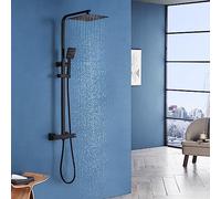 ROVOGO Black Thermostatic Shower Mixer Set Height Adjustable, 25 cm Square Rainfall Shower Head Stainless Steel, ABS Handheld Shower with Adjustable Holder, Twin Head Shower System for Bathroom