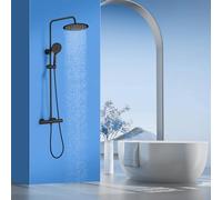 ROVOGO Black Thermostatic Shower Mixer Set Height Adjustable, 25 x 25 cm Round Rainfall Shower Head Stainless Steel, 3-mode Handheld Shower with Adjustable Holder, Twin Head Shower System for Bathroom