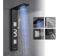 ROVOGO Black Thermostatic Shower Panel Tower System with LED Lights - Stainless Steel 304 Shower Column with Rainfall Shower Head, 2 Big Massage Jets, Hand Shower, Tub Spout