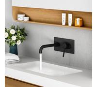 ROVOGO Black Wall Mounted Basin Mixer Tap with Escutcheon & Concealed Stainless Steel Body 304 for Bath or Tub, 2-Hole Bathroom Basin Tap with 360° Rotatable Spout, Single Lever Bathroom Sink Faucet