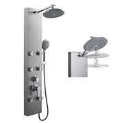 ROVOGO Brushed Stainless Steel Shower Panel Tower System with 22 cm Rain Shower Head, 6 x Body Jets, 5-Mode Hand Shower, Wall Mounted Shower Panel Column Tower with Height Adjustable Brass Shower Arm