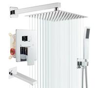 ROVOGO Chrome Wall Mounted Shower System with Concealed 3-Way Diverter, 25 x 25 cm Overhead Rain Shower Head, Hand Shower and Bathtub Spout, All Metal Shower Mixer Tap Set, Brass & Stainless Steel 304