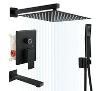 ROVOGO Concealed Shower System with 3-Way Diverter, 25 x 25 cm Overhead Rain Shower Head, Hand Shower and Bathtub Spout, All Metal Shower Mixer Tap Set Wall Mounted, Brass & Stainless Steel 304, Black