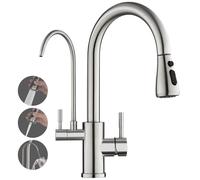 ROVOGO Monobloc Kitchen Sink Mixer Tap with Pull Out Spray, 3 Way Water Filter Tap with 2 Handles for Hot, Cold and Drinking Water, Brushed Stainless Steel Kitchen Faucet 360° Swivel, C-Spout