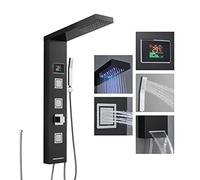 ROVOGO No Battery Shower Panel Column Tower without Tap - LED light, Temp Display, Rainfall, 3 x Body Jets, Handheld and Bath Spout, 6 in 1 Stainless Steel 304 Column Shower System Black, Wall Mounted