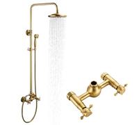 ROVOGO Retro Antique Brass 2-Function Shower Mixer Tap Set, 8" Adjustable Rainfall Head & Handheld, All Brass Traditional Wall Mounted Shower Faucet System with Twin Handles & Riser Rail