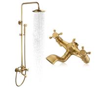 ROVOGO Retro Antique Brass 3-Function Shower Mixer Tap Set, 8" Adjustable Rainfall Head, Handheld & Bath Spout, All Brass Traditional Wall Mounted Shower Faucet System with Twin Handles & Riser Rail