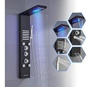 ROVOGO Thermostatic LED Shower Panel Tower Black Stainless Steel Wall Mount | 6-mode Column Shower, 2 Simultaneous Modes, Waterfall & Rain Shower, 2-Style Body Jets, Stainless Steel Handheld, Bath Spout