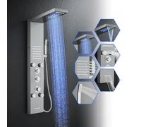 ROVOGO Thermostatic Shower Panel Tower System with LED Lights - Stainless Steel 304 Shower Panel Column Tower with Waterfall Rainfall Shower Head, Massage Jets, Hand Shower, Tub Spout, Brushed