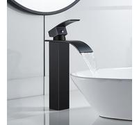 ROVOGO Waterfall High Rise Black Basin Mixer Taps, Square Monobloc Basin Tap, Single Handle Bathroom Sink Mixer Tap