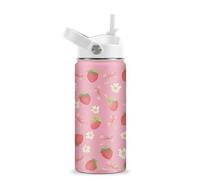ROVOZAR Strawberry Water Bottle for Girls - 16oz Stainless Steel Insulated Water Bottle with Straw - Cute Bow Pink Strawberries Kids Tumbler for School, Sports, Travel
