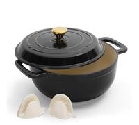 ROVSON Enamelled Cast Iron Dutch Oven, Casserole Dish with Lid and Silicone Gloves, Oven Safe Pot for Bread Baking, Braising and Stews (Glossy Black, 5QT)