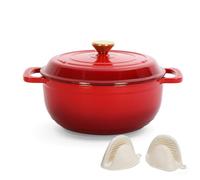 ROVSON Enamelled Cast Iron Dutch Oven, Casserole Dish with Lid and Silicone Gloves, Oven Safe Pot for Bread Baking, Braising and Stews (Gradient Red, 5QT)