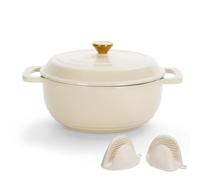 ROVSON Enamelled Cast Iron Dutch Oven, Casserole Dish with Lid and Silicone Gloves, Oven Safe Pot for Bread Baking, Braising and Stews (Ivory White, 5QT)