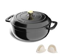 ROVSON Enamelled Cast Iron Dutch Oven, Casserole Dish with Lid and Silicone Gloves, Oven Safe Pot for Bread Baking, Braising and Stews (Black, 6QT)