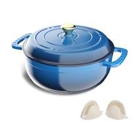 ROVSON Enamelled Cast Iron Dutch Oven, Casserole Dish with Lid and Silicone Gloves, Oven Safe Pot for Bread Baking, Braising and Stews (Gradient Blue, 6QT)