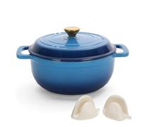 ROVSON Enamelled Cast Iron Dutch Oven, Casserole Dish with Lid and Silicone Gloves, Oven Safe Pot for Bread Baking, Braising and Stews (Gradient Blue, 5QT)
