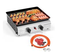 ROVSUN 2 Burner Poartable Gas BBQ, 2000BTU Outdoor Barbecue Grill, Tabletop Stainless Steel BBQ with Non-Stick Griddle for Camping, Patio Party