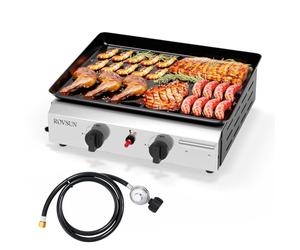 ROVSUN 2 Burner Portable Propane Griddle with Nonstick Enameled Tray, 20,000 BTU Tabletop Flat Top Gas Grill with Electronic Ignition & Regulator for Outdoor Cooking Camping BBQ Tailgating Picnicking