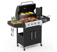 ROVSUN 4+1 Burner Gas BBQ Grill, Outdoor Portable Barbecue with Side Burner, Warming Rack, Cabinet, Side Shelves, Temperature Gauge - Steel Barbecue Trolley, for Garden, Party, Camping,Outdoor Cooking