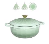 ROVSUN Flower Enamelled Cast Iron Dutch Oven, Sage Green, 5QT | Oven Safe Pot for Bread Baking, Braising and Stews, 2 Heat-Resistant Gloves & 1 Pot Mat