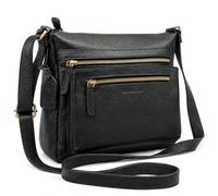 Rowallan of Scotland Black Leather Crossbody Bag for Women - Genuine Leather - 3 Front Zip Pockets, Rear Zip, Side Slip Pockets - Adjustable Long Strap - 28x25x10cm
