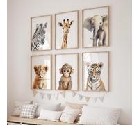 Rowan Design Safari Animal Prints - Set of 6 Wild Animal Nursery Wall Art, Gender Neutral Decor, Giraffe, Elephant, Zebra (A3, Plain set of 6)