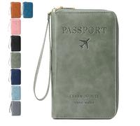 Rowgins Multi-Functional RFID Passport Wallet, Passport Holder for Travel Essentials, Card Organizer, Slim Leather Cover for Credit Cards, Tickets, and Cash (Green)