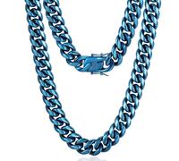 ROWIN&CO Men's Miami Cuban Link Chain 8/12/14mm Stainless Steel Blue Plated Chain Necklace, Hypoallergenic Hip Hop Jewelry, 20-30 Inch, Gift Box, L, Stainless Steel, No Gemstone